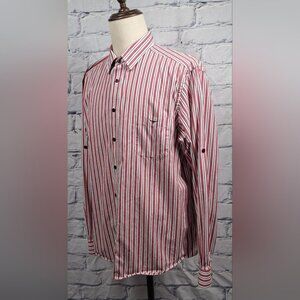 R.M. Williams Men's Button Down Striped Classic Fit Roll Tab Sleeves Logo Medium